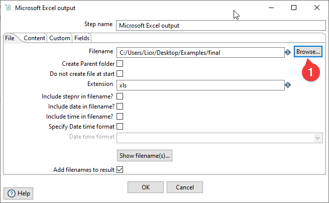 Microsoft Excel Output Settings - Step 1